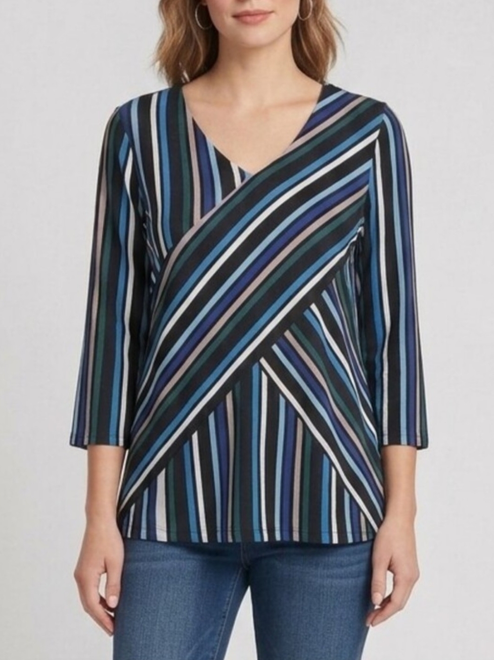 Dana Buchman Multi-Stripe V-Neck 3/4 Length Sleeve Blouse